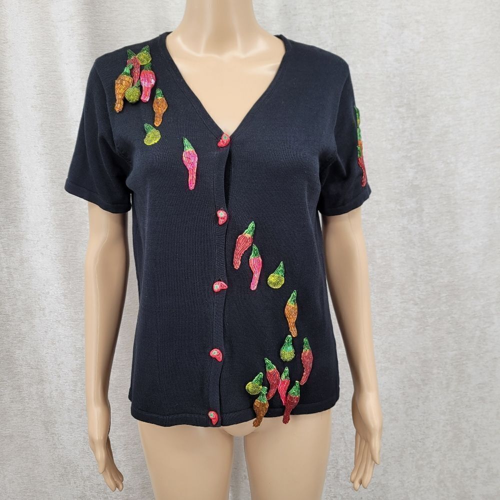 Christina Rotelli Vintage Y2K Beaded 3D Chili Pepper Black Cardigan Tomato Girl